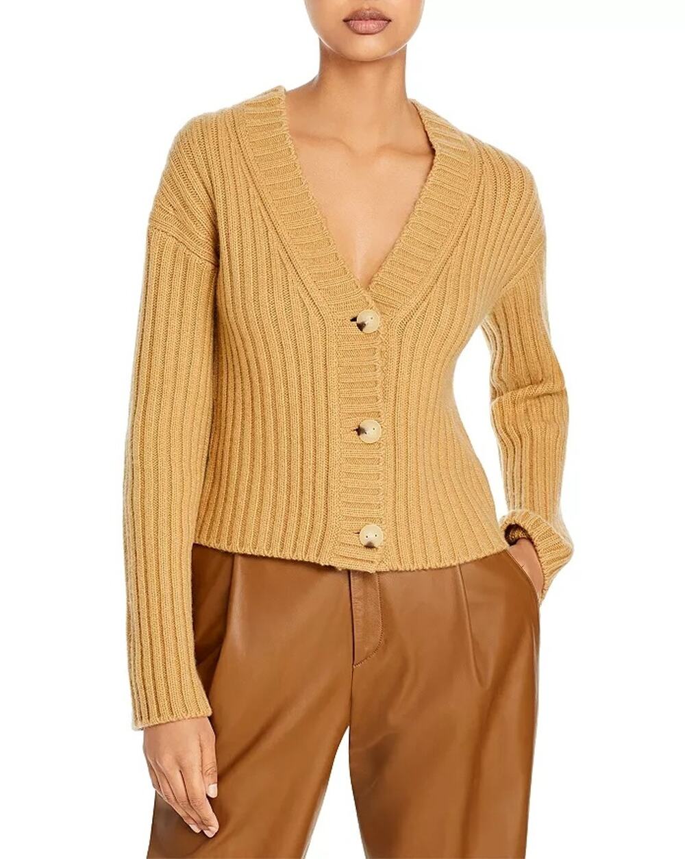 Vince Women Tan Chunky Ribbed Knit Wool & Cashmere Cardigan Sweater Size L